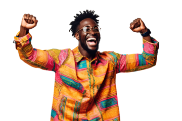 African man holds fist up. Smiling. fashion clothes. white background PNG