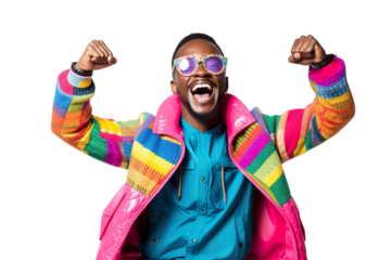 African man holds fist up. Smiling. fashion clothes. white background PNG