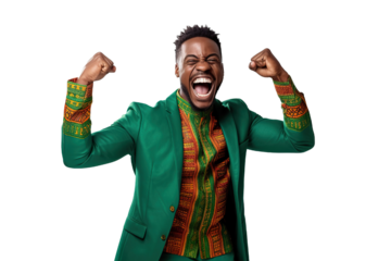 African man holds fist up. Smiling. fashion clothes. white background PNG