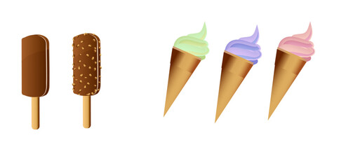 Various types of delicious ice cream. Vector illustration isolated on white background.