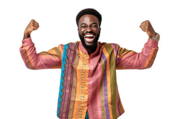 African man holds fist up. Smiling. fashion clothes. white background PNG