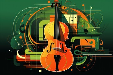  a violin on a green and black background with swirls and circles around it and a square in the middle of the image with a rectangle in the center.