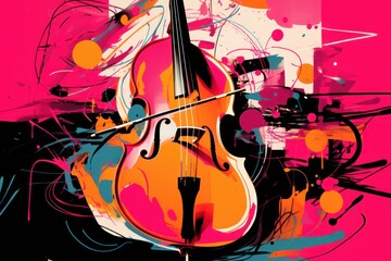 a close up of a violin on a pink background with abstract paint splattered on the bottom half of the violin and the bottom half of the violin is black and half of the violin.