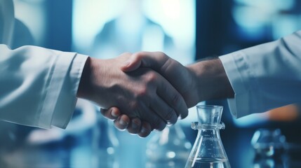 Professional handshake in a lab setting, symbolizing a successful partnership or agreement in scientific research.