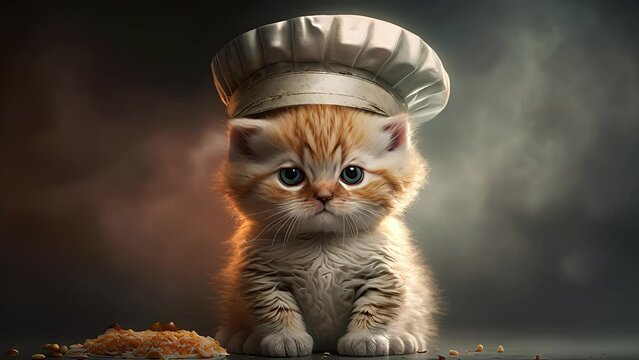 Kitten with chef hat ready to cook. Created with Generative AI