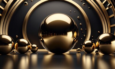 3d modern background. golden, black shapes and golden lines and spheres, Generative AI