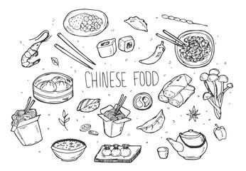 Hand drawn set of Chinese food doodles in vector
