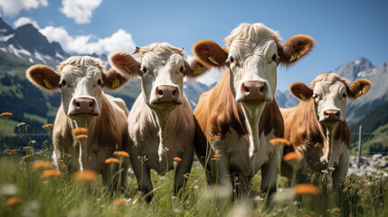 Alpine Pastoral Symphony: Cows Grazing in Salzburg. Generative AI - obrazy, fototapety, plakaty