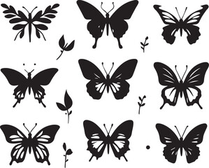 Naklejka premium Silhouette Solid Vector Icon Set Of butterflies, Moth, Lepidopteran, Insect, Papillon.