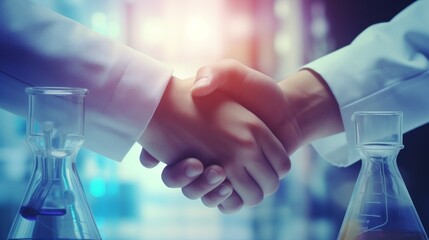 Professional handshake in lab, symbolizing scientific collaboration or agreement.