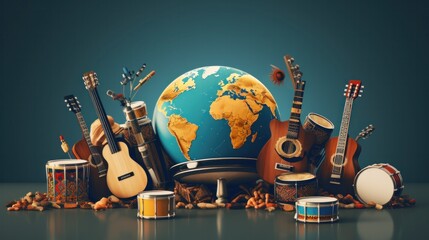 World Music Day showcases unique musical instruments from different cultures and regions. - obrazy, fototapety, plakaty