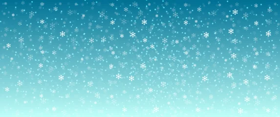 Zelfklevend Fotobehang Winter Snowfall and snowflakes turquoise blue background. Cold winter Christmas and New Year background. Winter landscape with falling Christmas shining beautiful snow.   © Jiraporn