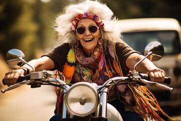 Fototapeta na wymiar Elderly hippie woman in colorful clothes and sunglasses, on a bike, smiling and happy. Concept: active longevity, freedom, opitimism