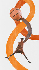 Contemporary art collage. African-American man, basketball athlete doing slam dunk with his long hand. Concept of sport, hobby, fit people in action. trendy magazine style Championship 2024. © Lustre Art Group 