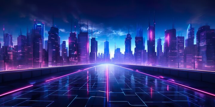 Night road to the city, neon landscape, background. Panorama of a city business skyscraper building. Modern architecture of metropolis center and big highway with fence surrounding concept