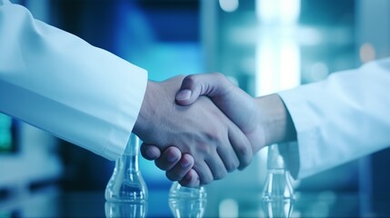Professional handshake in lab setting, symbolizing partnership in science and research.