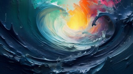 Expressive waves on the sea painted in oil. Storm with big beautiful waves. Large and rough paint strokes. Sunset colors