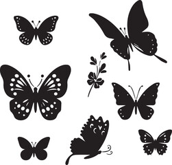 Silhouette Solid Vector Icon Set Of butterflies, Moth, Lepidopteran, Insect, Papillon.