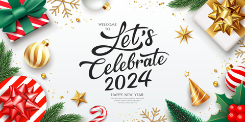 2024 Let's celebrate Happy new year ornaments, greeting card banner design isolated on white background, Eps 10 vector illustration
