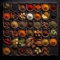 Organized spices, different seasonings in cups, black background