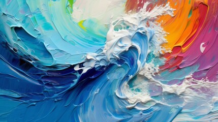 Expressive waves on the sea painted in oil. Storm with big beautiful waves. Large and rough paint strokes. Sunset colors