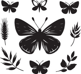 Fototapeta premium Silhouette Solid Vector Icon Set Of butterflies, Moth, Lepidopteran, Insect, Papillon.