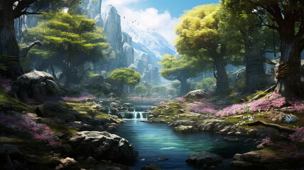 A mesmerizing spring forest with a meandering river, adorned with rocks and surrounded by blossoming trees, creating a scene of pure natural beauty.