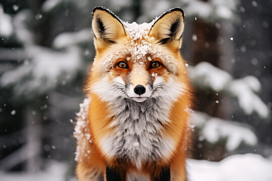 Image of a red fox in the snow looking straight at the camera. 