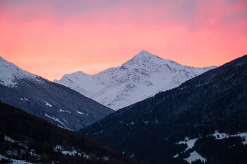 Early morning view of mountains,  view from Bormio to peak above Santa Caterina, Italy