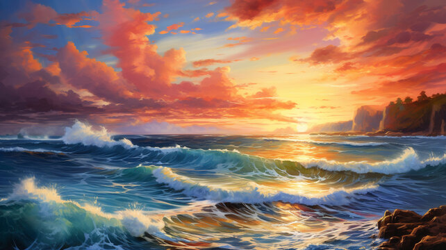 A mesmerizing view of an incredible sea sunset, as the sun dips below the edge of the ocean, painting the sky in warm and vibrant colors, reflecting in the tranquil water