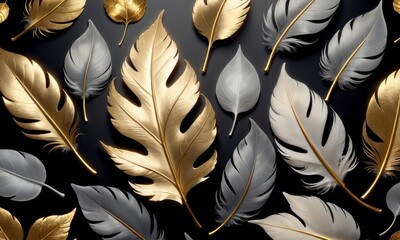 3d art. golden, brown, yellow, black and gray leaves, feathers. gray light background with golden dots, Generative AI