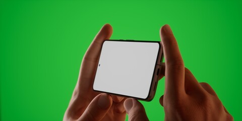 Caucasian man holding phone on a green background, blank screen mockup