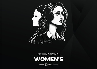 8-march-international-womens-day-vector-design-with-spring-Black & White-flower-woman-face-silhouette