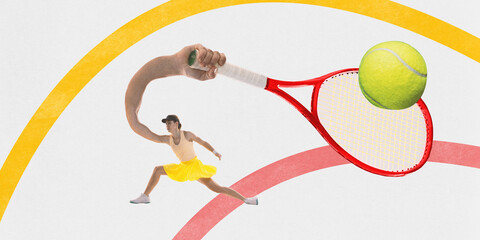 Contemporary art collage. Competitive, skilled tennis player hits the ball with a racket in her...