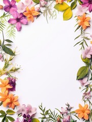A frame of floral decorations on a white background, free space for text