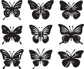 Silhouette Solid Vector Icon Set Of butterflies, Moth, Lepidopteran, Insect, Papillon.