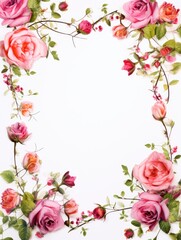 A frame of small roses with floral decorations on a white background