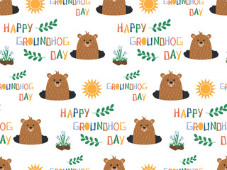 Seamless pattern with a cute cartoon groundhog, snowdrops and the inscription Groundhog Day on a white background. Flat vector illustration.