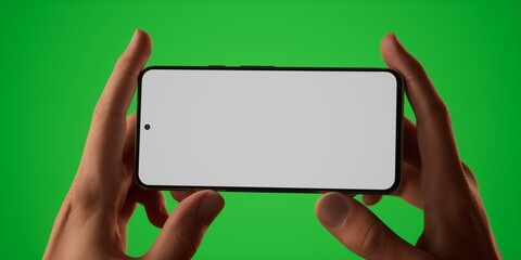 Caucasian man holding phone on a green background, blank screen mockup