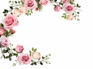 A frame of small roses with floral decorations on a white background © shooreeq