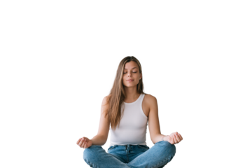 Focused young adult caucasian woman in white t-shirt sitting on bed in yoga meditation pose eyes closed against transparent background. Confident Hispanic female makes breath exercise at home.