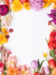 A frame of vibrant color flowers with decorations on a white background, free space for text