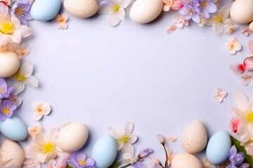 Spring Easter holiday top view flat lay background with eggs and spring flowers. Greeting card background with copy space. Poster, banner, card. Happy easter.