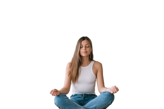 Focused young adult caucasian woman in white t-shirt sitting on bed in yoga meditation pose eyes closed against transparent background. Confident Hispanic female makes breath exercise at home.