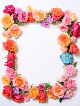 A frame of vibrant color roses with floral decorations on a white background, free space for text