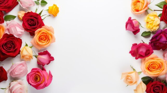 A frame of vibrant color roses with floral decorations on a white background, free space for text