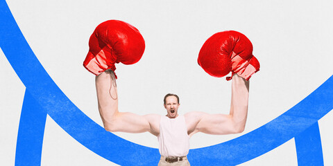 Contemporary art collage. Strong confident man, boxer demonstrated his long and big hands with...