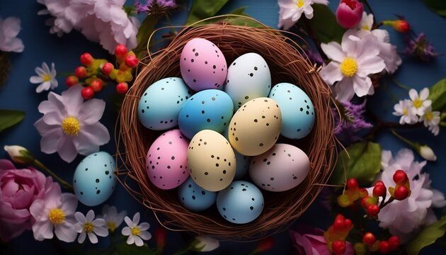 Easter background with colorful eggs in nest on a blue background with flowers.