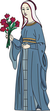 Illustration of a medieval woman in blue dress and white hennin holding a bouquet of red roses