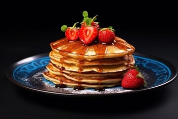  a stack of pancakes with syrup and strawberries on a blue plate on a black background with a black background and a blue plate with a stack of pancakes with syrup and strawberries.